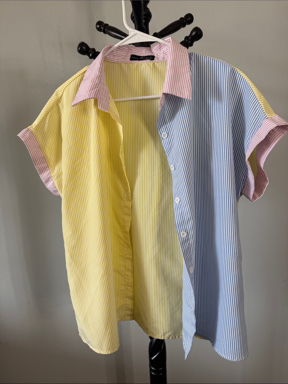 Striped Colorblock Short Sleeve Button-Down Shirt - Yellow/Blue 22.T